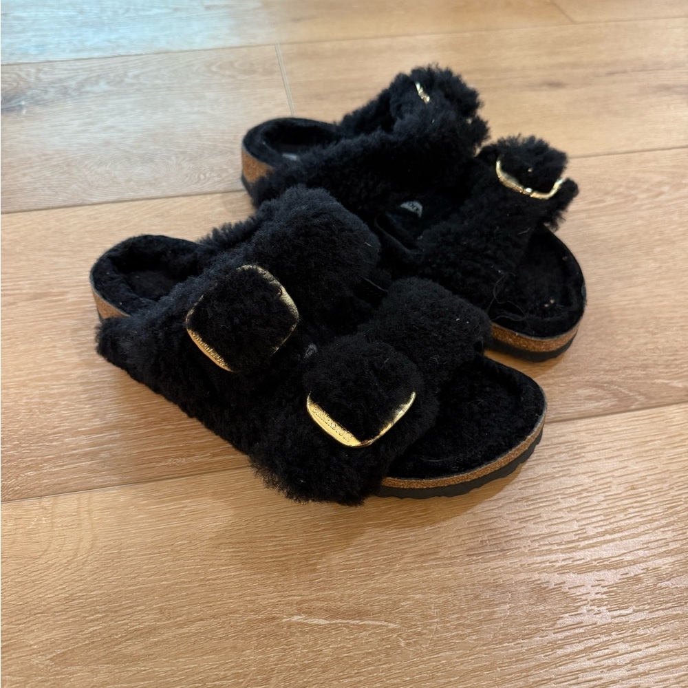 Birkenstock Black Fuzzy Sandals with Gold Accents NWOT